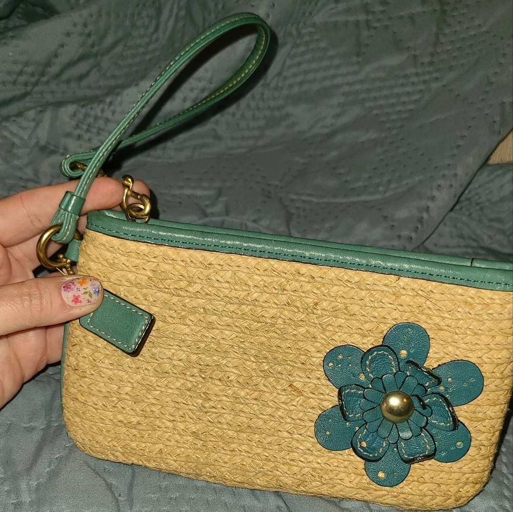 Coach Blue and Tan Mini Bag with Floral Embellishment - Picture 2 of 5